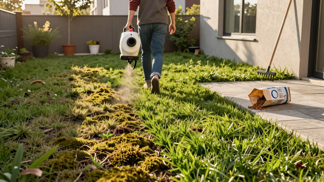 Pessoa a pulverizar fertilizante num jardim com carrinho de mão e saco de produtos junto à casa.