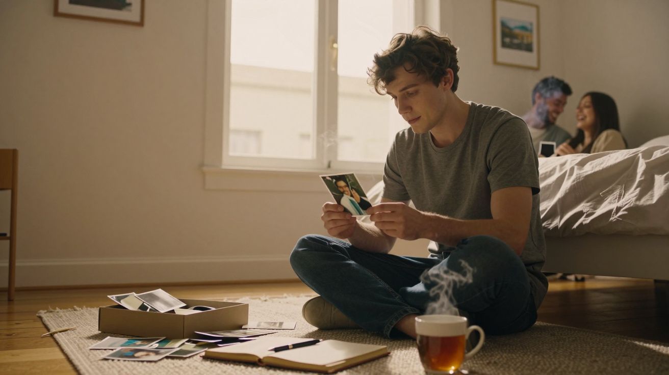 Jovem sentado no chão a olhar fotografias, com casal a sorrir na cama ao fundo e chá fumegante à frente.
