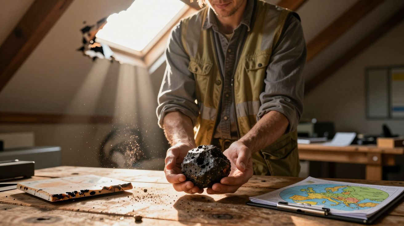 Pessoa a segurar uma rocha vulcânica numa sala com mapa e luz natural a entrar pela janela de teto