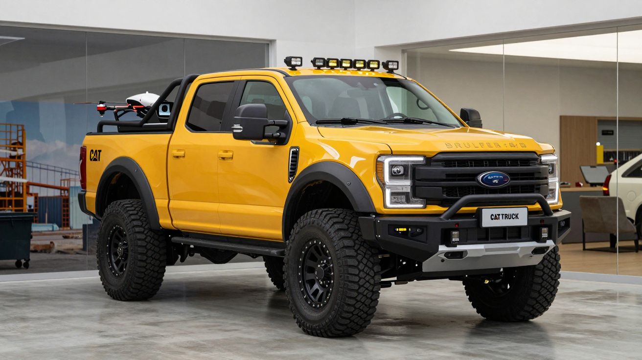 Picape amarela robusta com pneus grandes e faróis LED exposta em ambiente interior moderno.