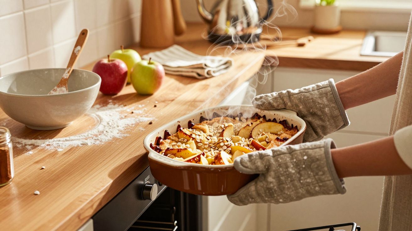 Mãos com luvas a retirar uma tarte quente de maçã do forno numa cozinha com bancada de madeira.