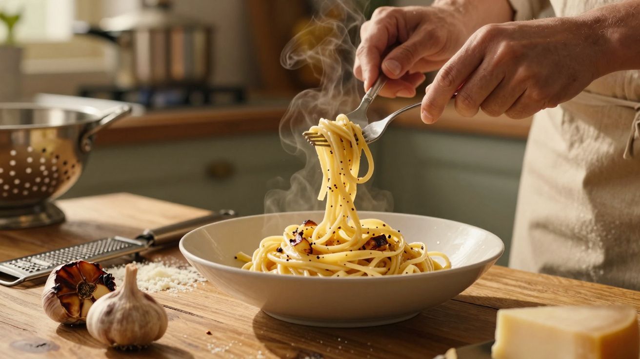 Pessoa a enrolar esparguete fumegante num prato branco numa cozinha rústica com alho e queijo na mesa.