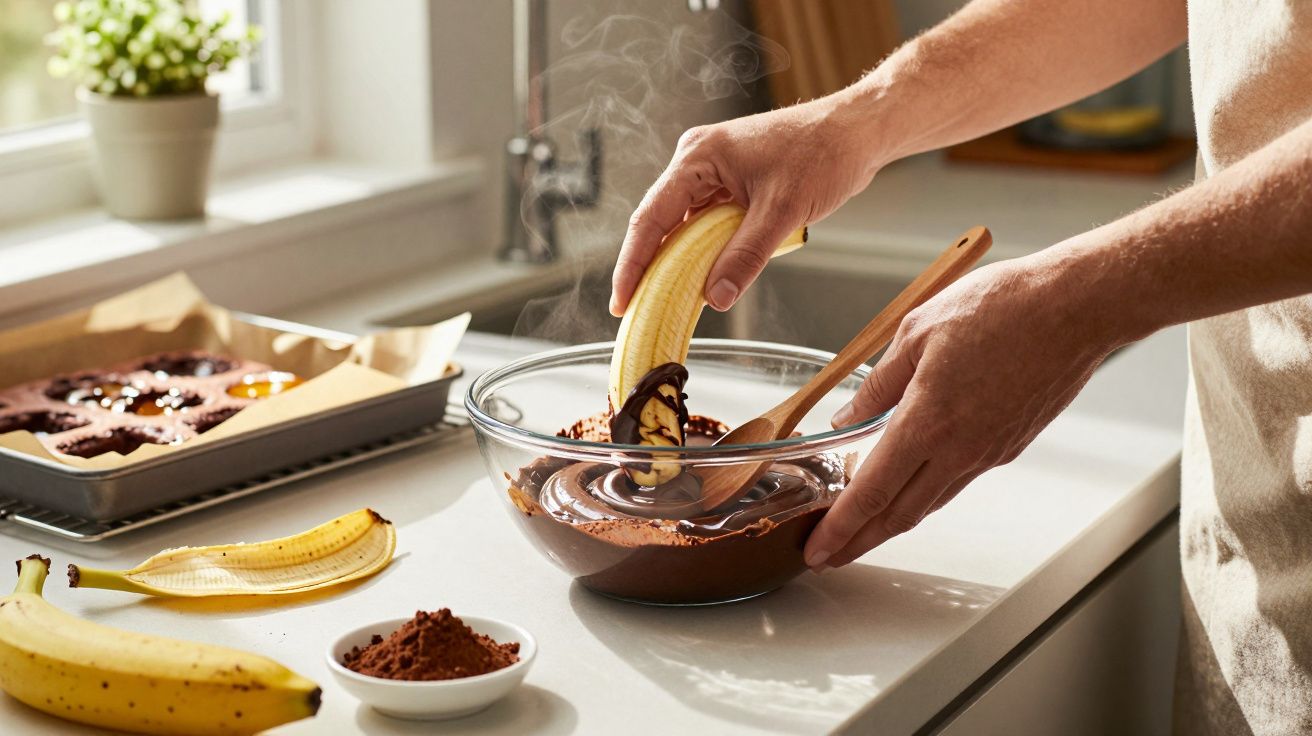Pessoa mergulhando banana em chocolate derretido numa tigela em cozinha ensolarada.