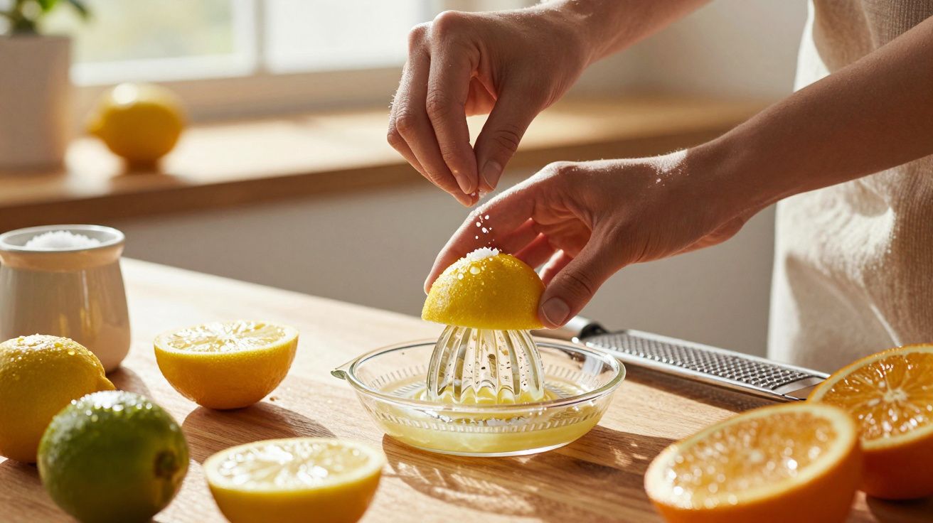Pessoa a espremer limão num espremedor de vidro numa cozinha iluminada por luz natural.