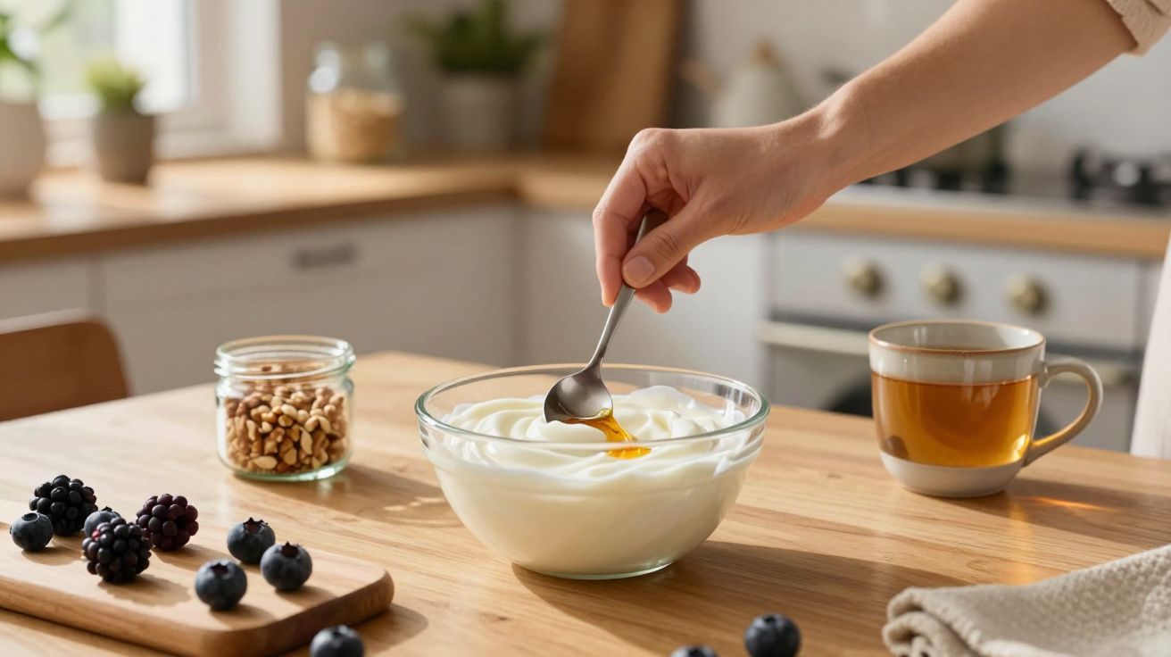 Mão a mexer iogurte com colher num prato, ao lado de frutos vermelhos, frutos secos e chá numa cozinha.
