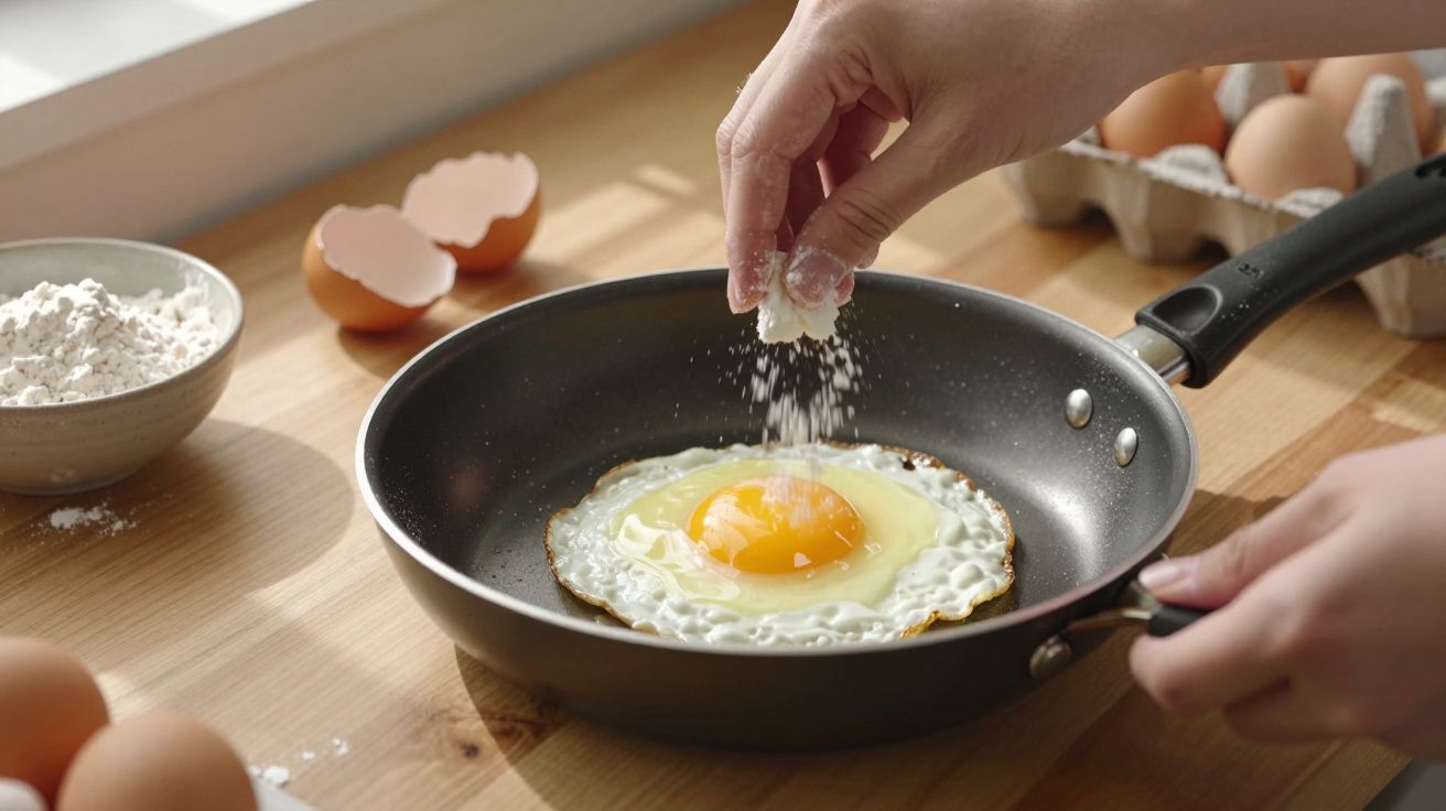 Mãos a salgar um ovo estrelado numa frigideira sobre uma bancada de madeira com ovos e farinha.