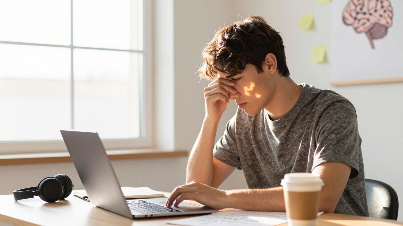 Jovem sentado à mesa, a trabalhar no computador portátil, com expressão de cansaço e mãos na cara.
