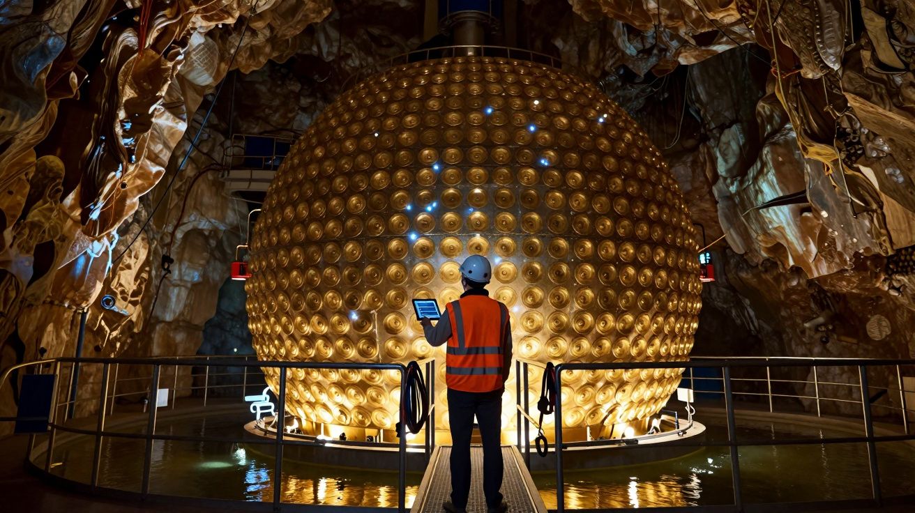 Pessoa com capacete e colete laranja analisa esfera dourada gigante numa estrutura subterrânea iluminada.