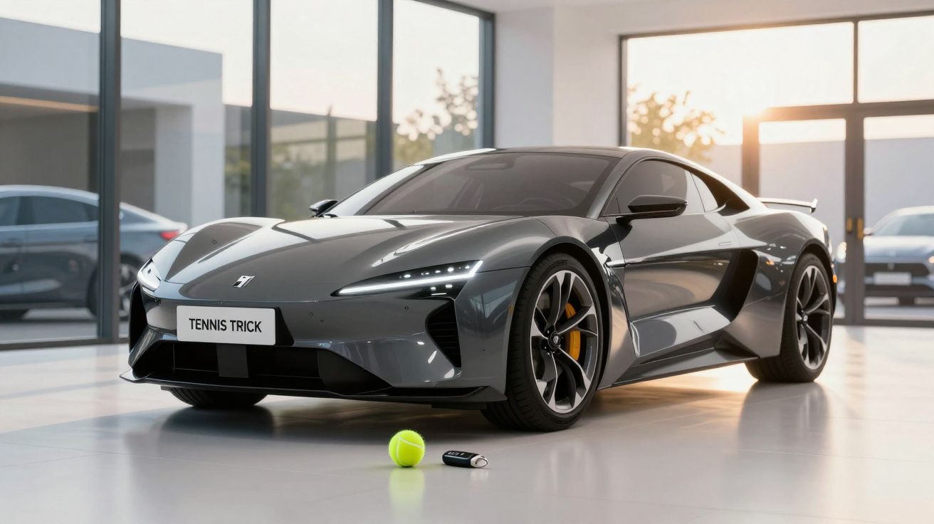 Carro desportivo cinzento estacionado em interior, com raquete de ténis, bola e comando no chão à frente.