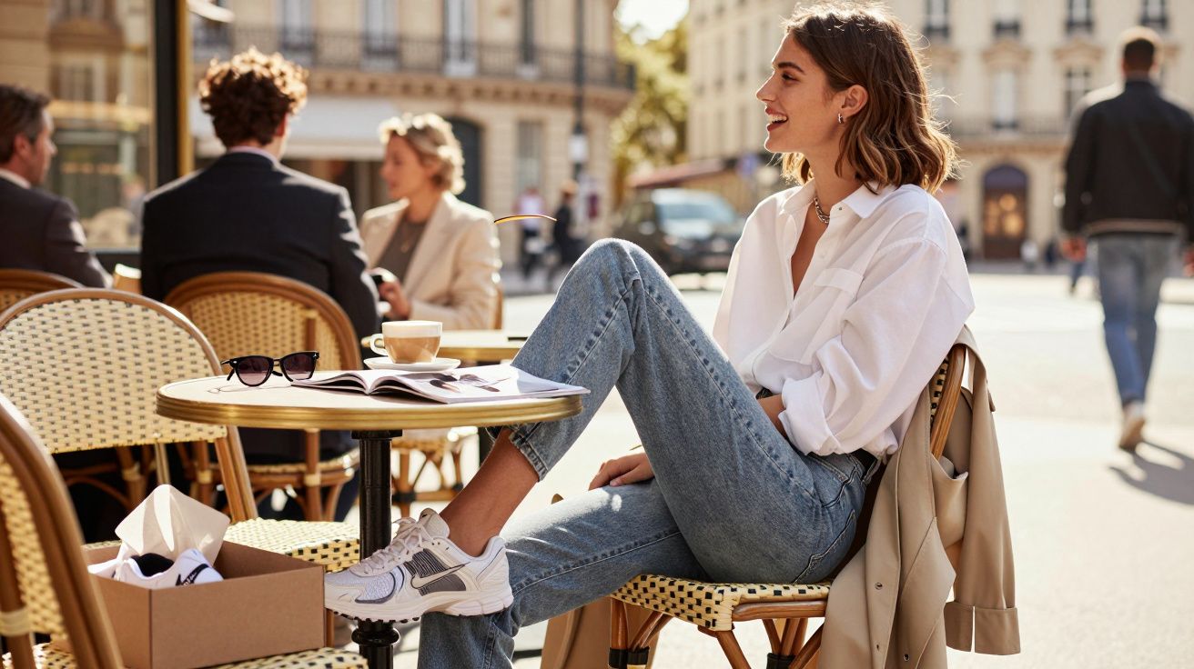 Mulher jovem sentada à mesa de um café ao ar livre, sorrindo e com uma chávena de café perto.
