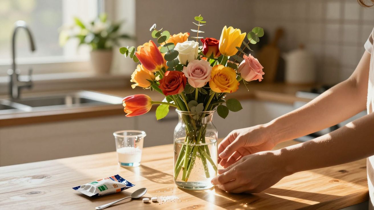 Vaso com flores coloridas numa mesa de cozinha, junto com medicamento, copo de água e mãos ajustando o vaso.