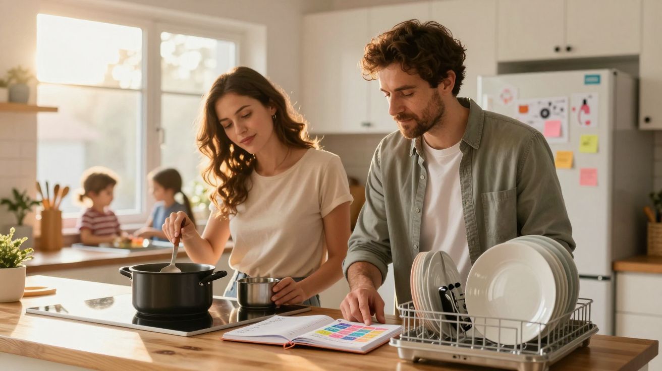 Casal na cozinha a cozinhar e consultar receita, com duas crianças ao fundo perto da janela.