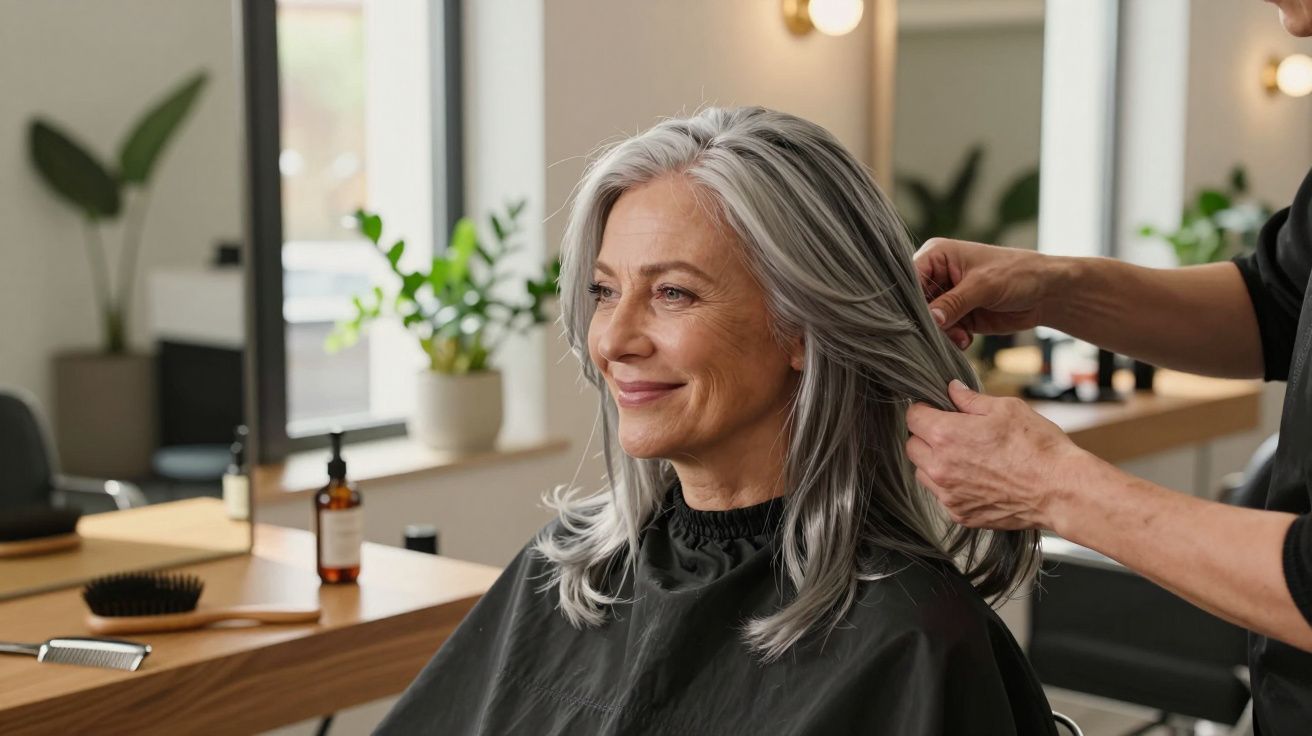 Mulher com cabelo grisalho a sorrir enquanto é penteada num salão de beleza moderno.