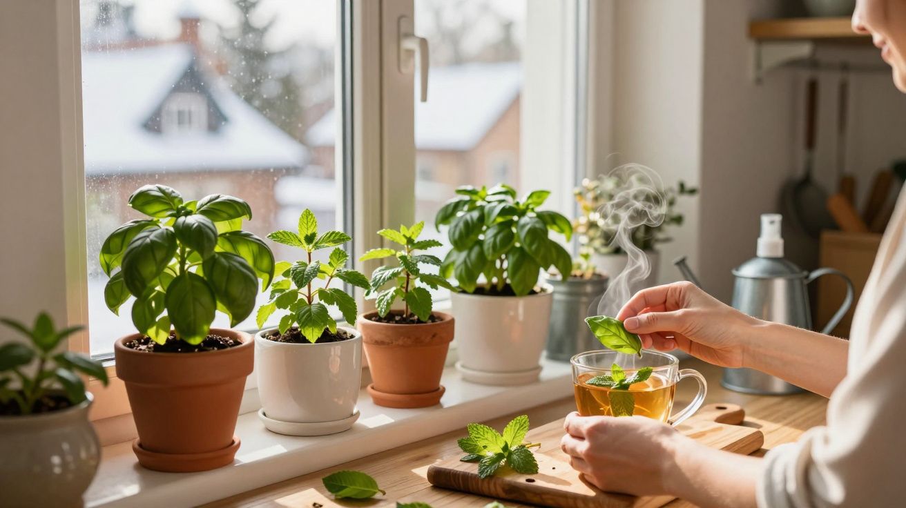 Pessoa a preparar chá de ervas frescas junto a janela com várias plantas em vasos.