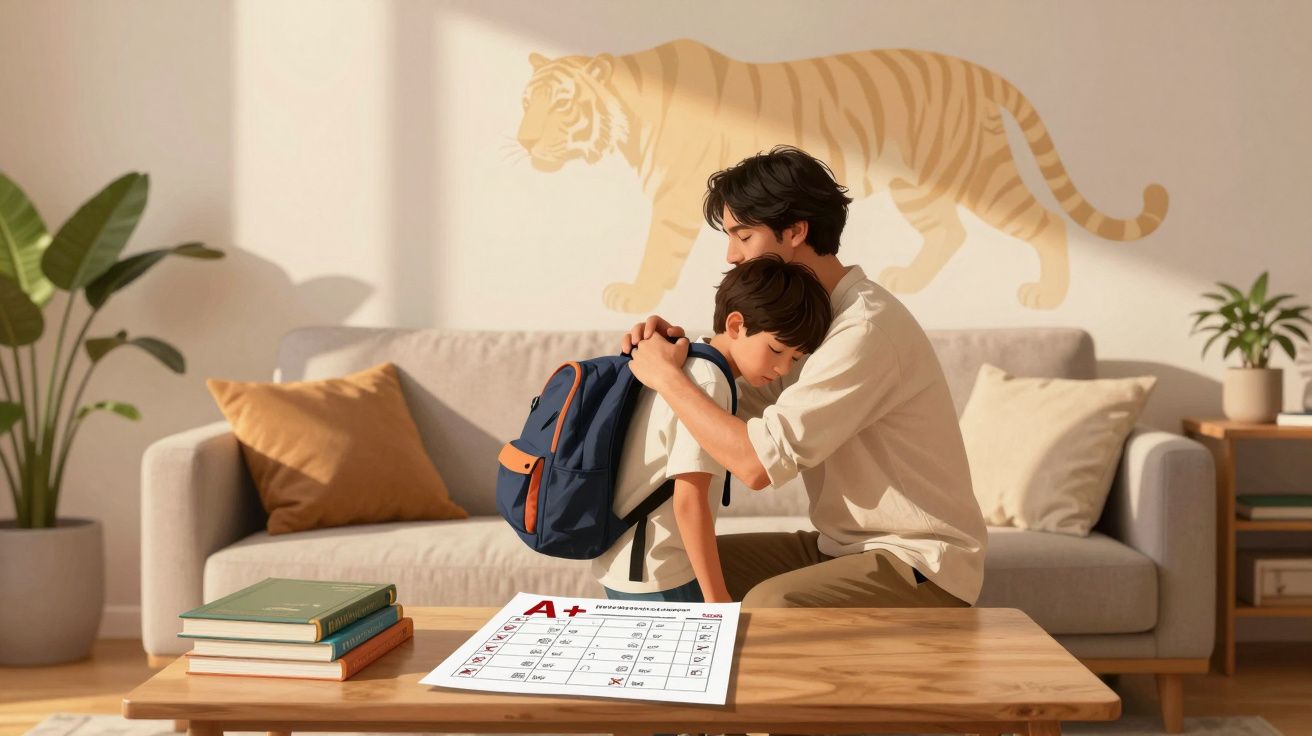 Pai consola filho triste com mochila, sentado numa sala iluminada com decoração de tigre na parede.