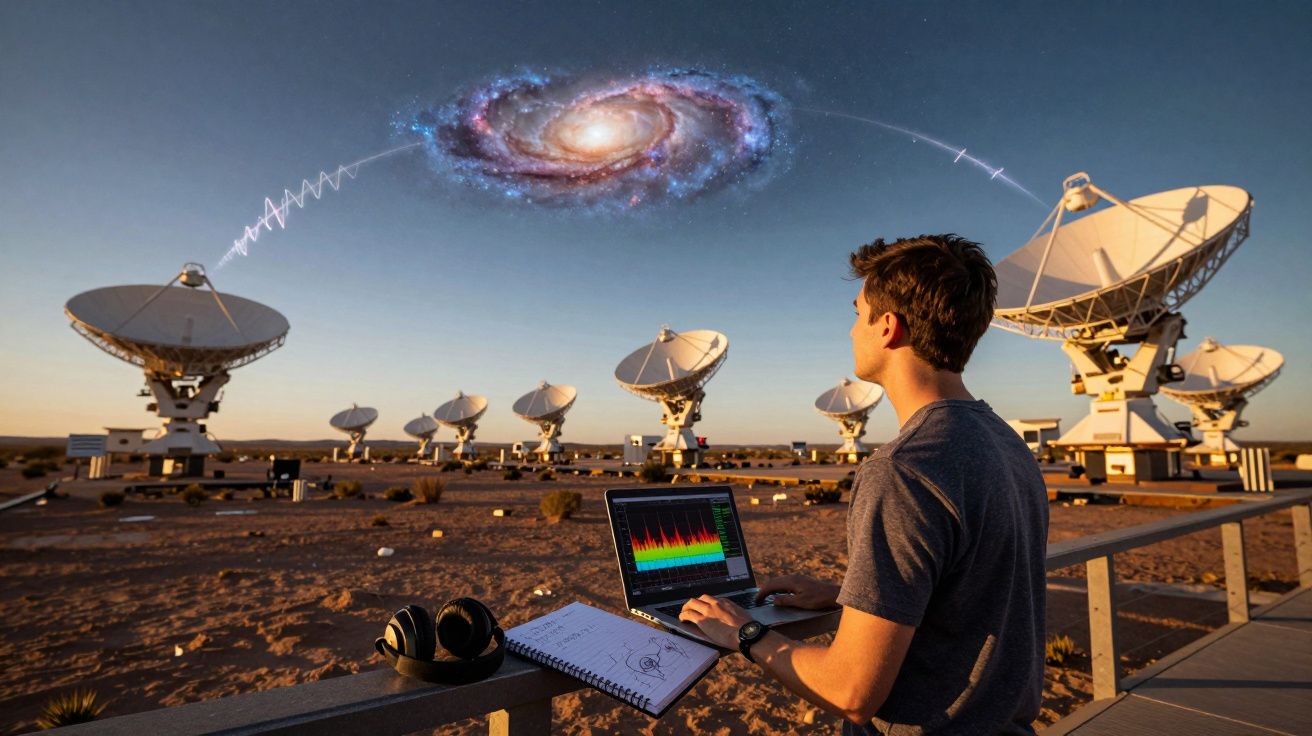 Homem observa sinal vindo de galáxia para radiotelescópios num deserto ao entardecer, com laptop e notas.