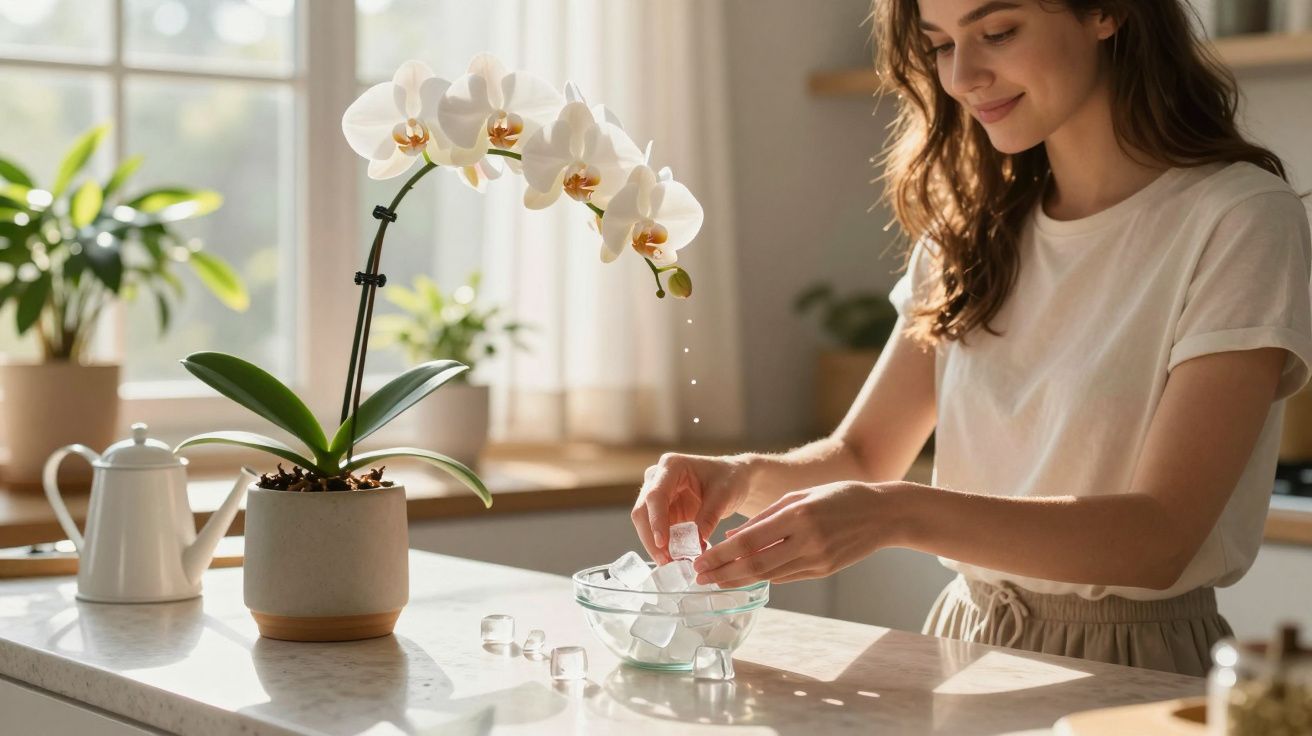 Mulher sorridente a colocar cubos de gelo numa tigela numa cozinha iluminada com orquídea branca na mesa.