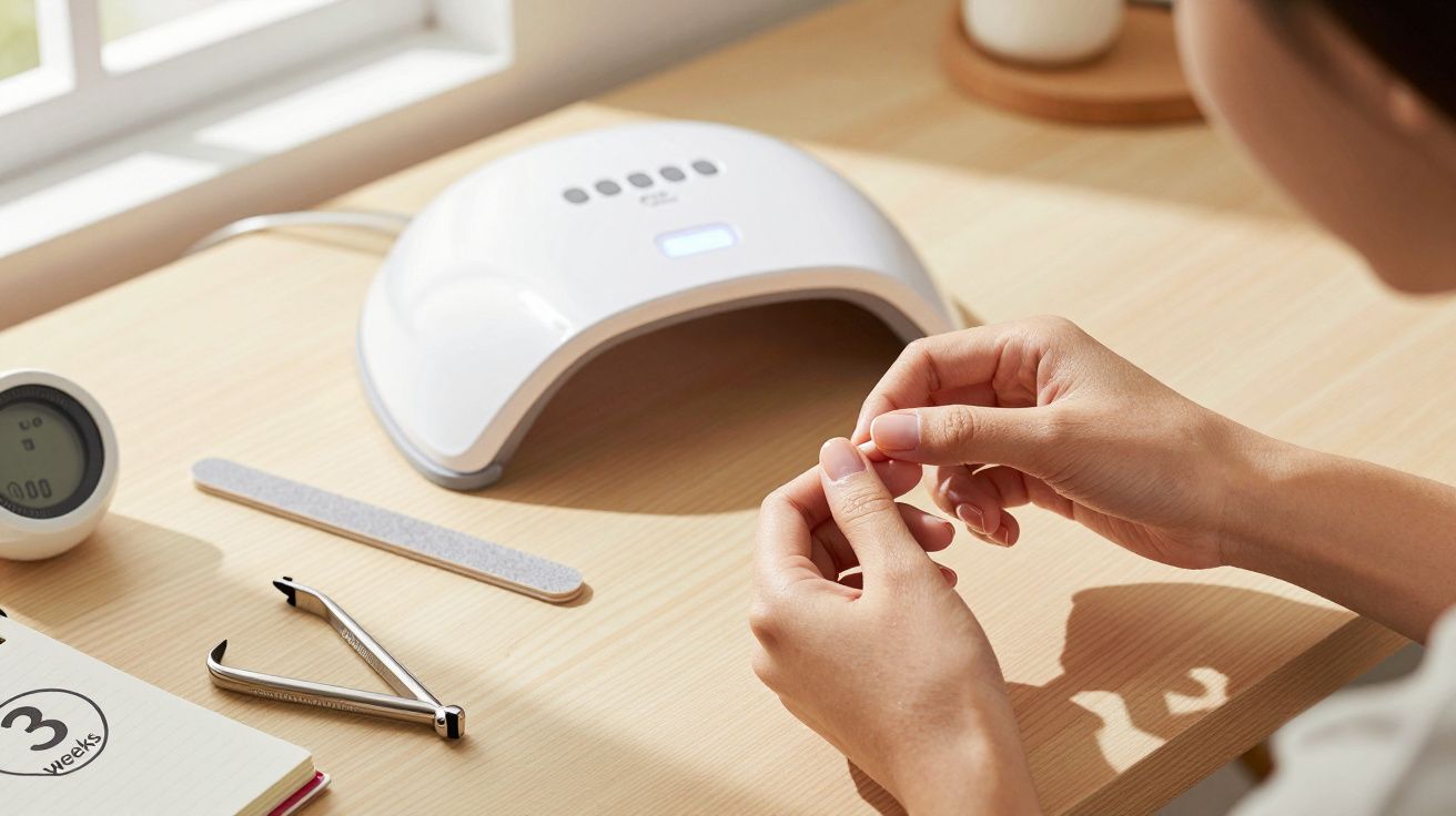 Pessoa a preparar unhas com lâmpada UV, alicate e lixa numa mesa de madeira perto da janela.