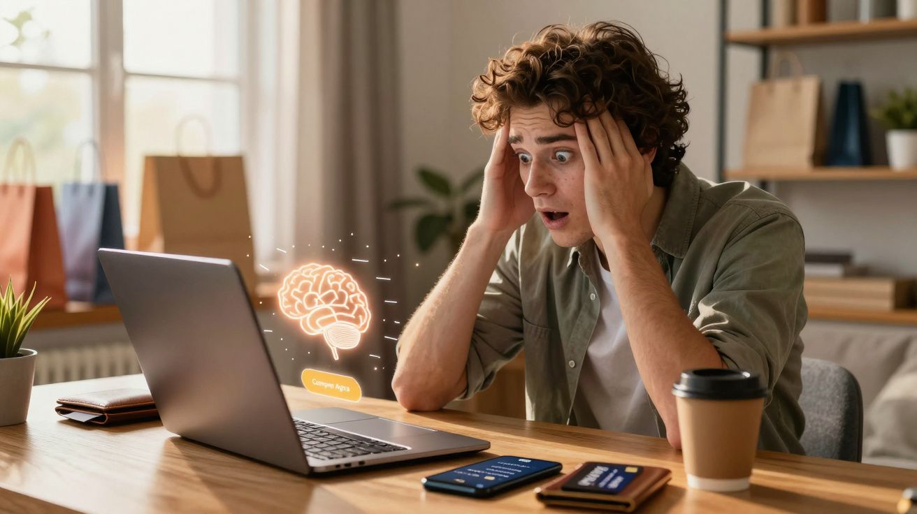 Rapaz surpreendido a olhar para o holograma de cérebro brilhante que sai do portátil numa mesa.