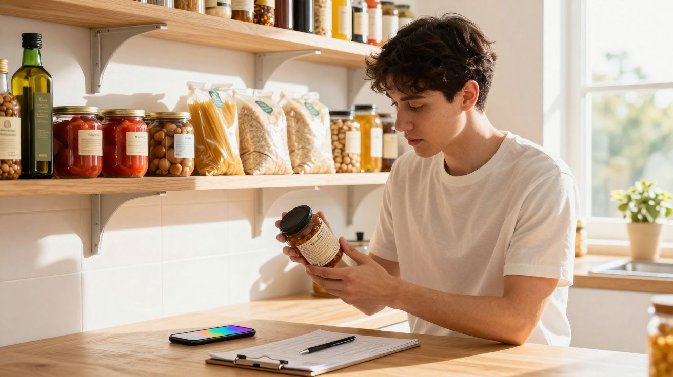 Jovem a ler o rótulo de um frasco numa cozinha com prateleiras organizadas ao fundo.
