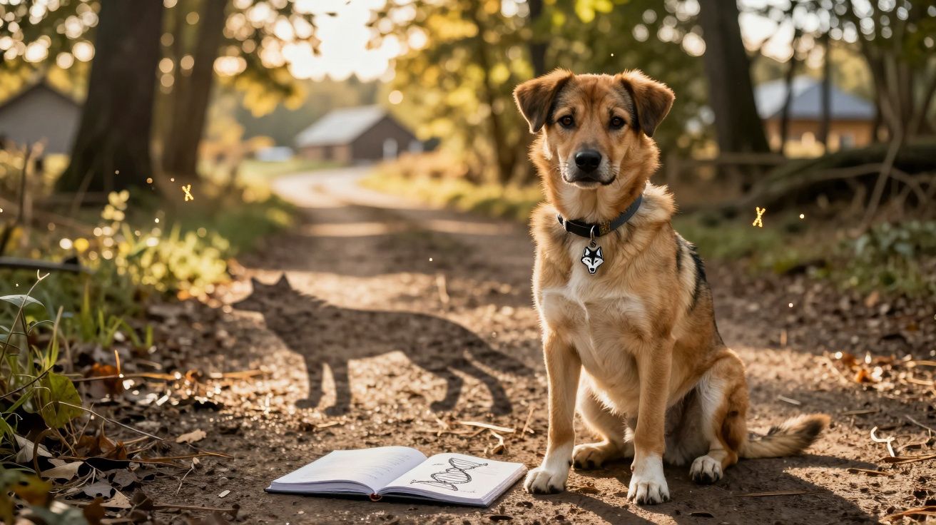 Cão sentado num caminho de terra com sombra de gato e livro aberto ao lado numa tarde ensolarada.