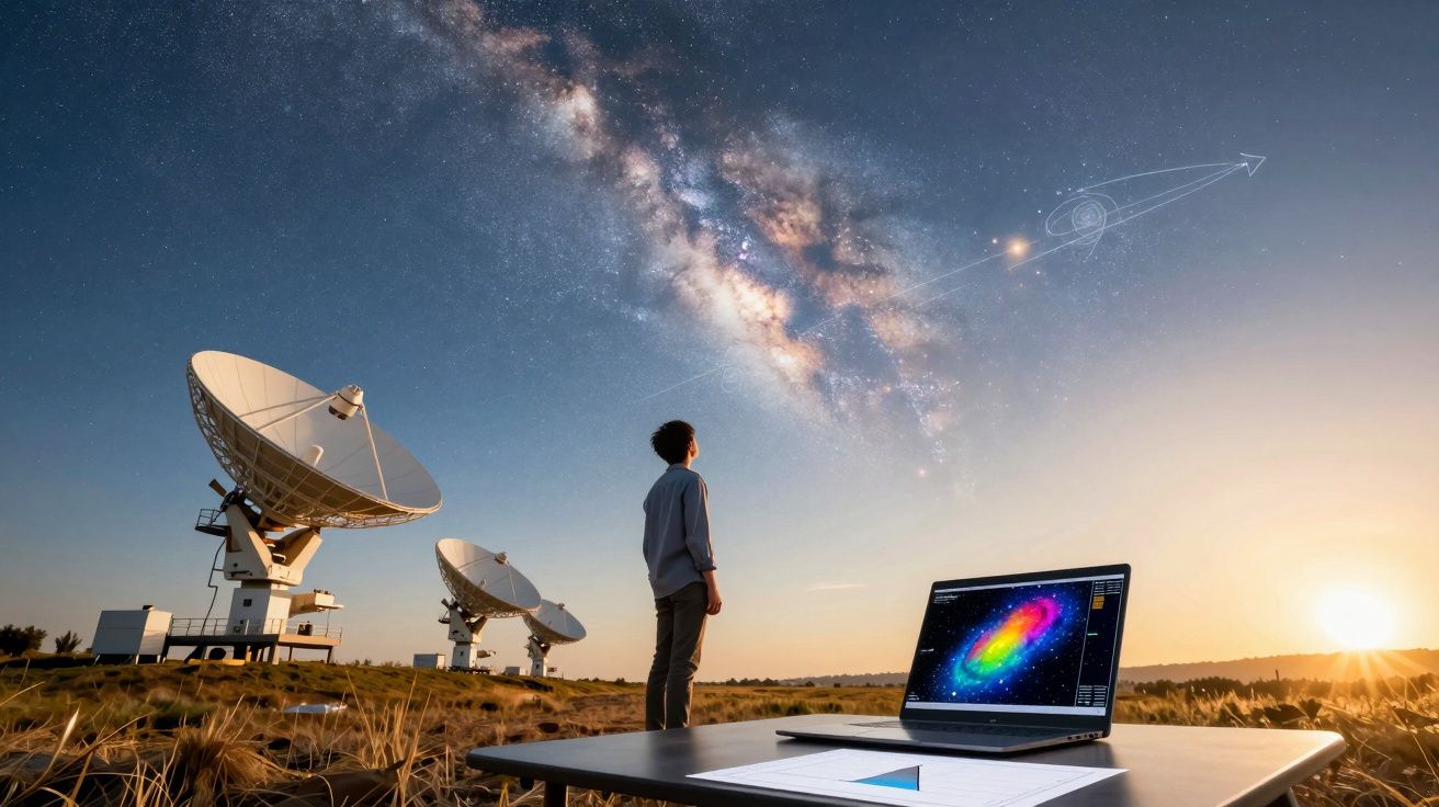 Pessoa observando o céu estrelado com radiotelescópios e laptop mostrando uma galáxia colorida ao pôr do sol.