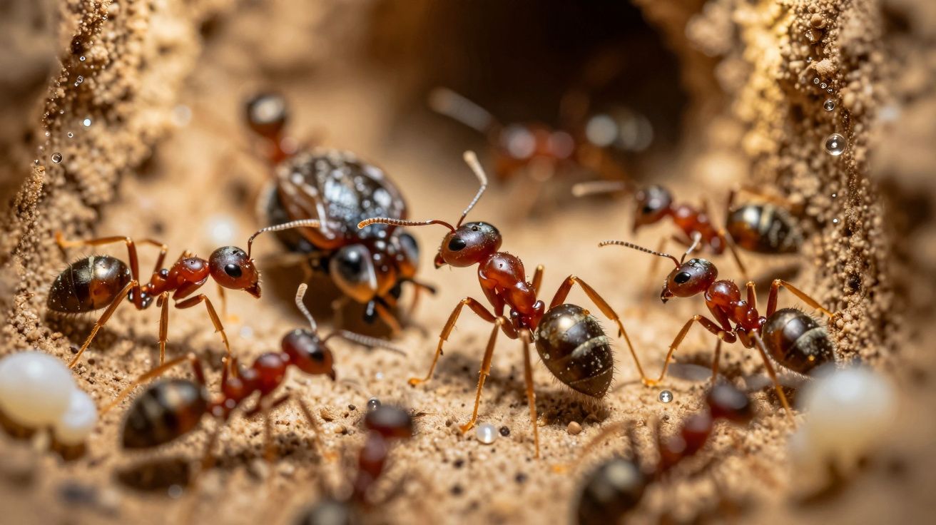 Formigueiro com formigas vermelhas a trabalhar no solo, com detalhes de ovos e larvas ao redor.