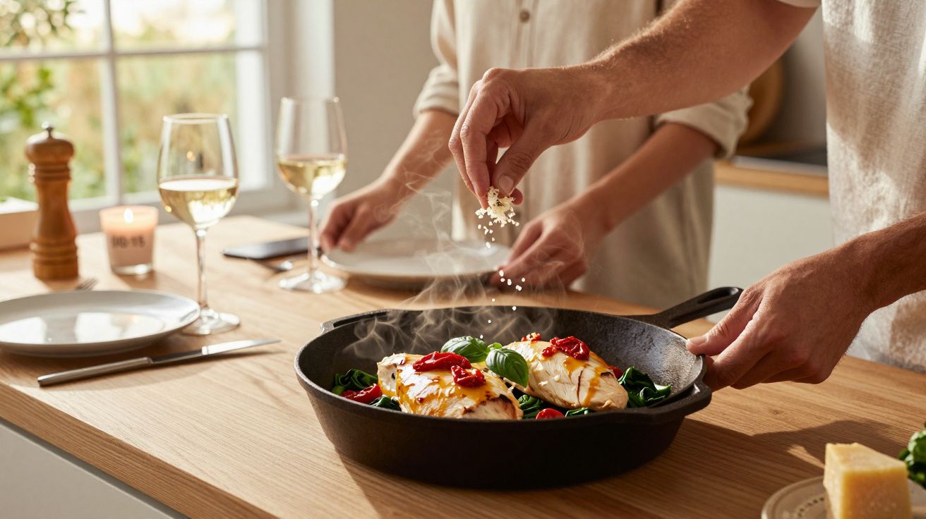 Pessoa a temperar peixe fresco numa frigideira com vegetais, em ambiente de jantar acolhedor.