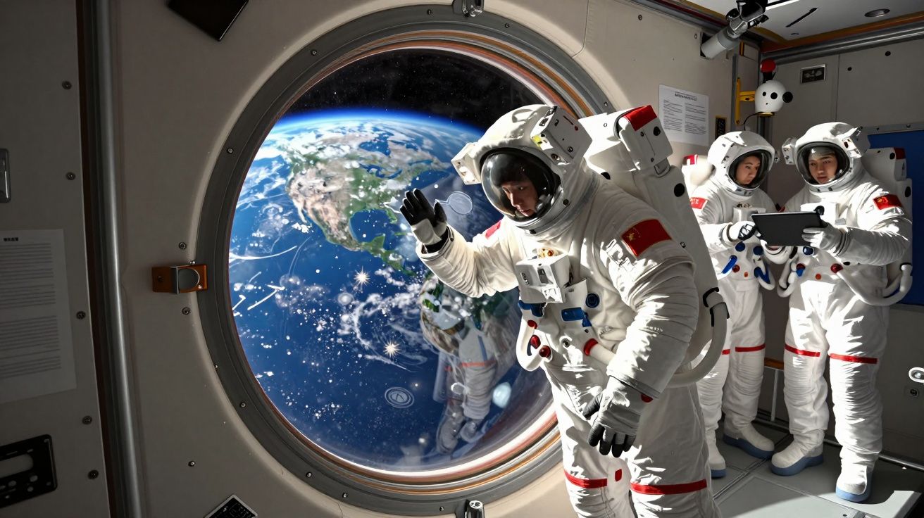 Astronautas em fatos espaciais dentro de nave, com vista da Terra através de janela circular.