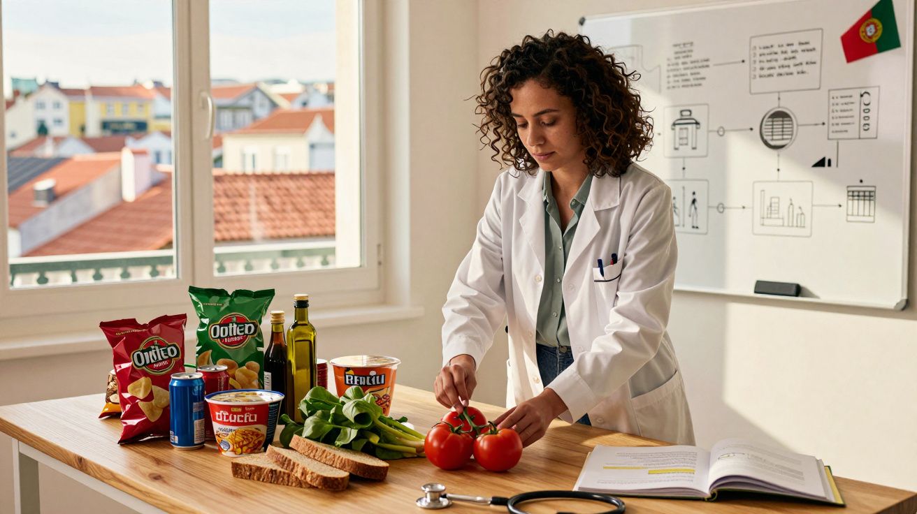 Mulher com bata branca prepara tomate numa mesa com alimentos e livro aberto numa sala iluminada.
