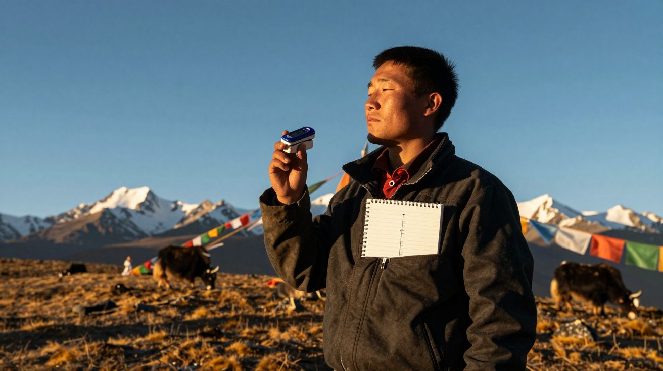 Homem com bloco de notas no peito usa oxímetro num campo com montanhas nevadas e bandeiras coloridas ao fundo.