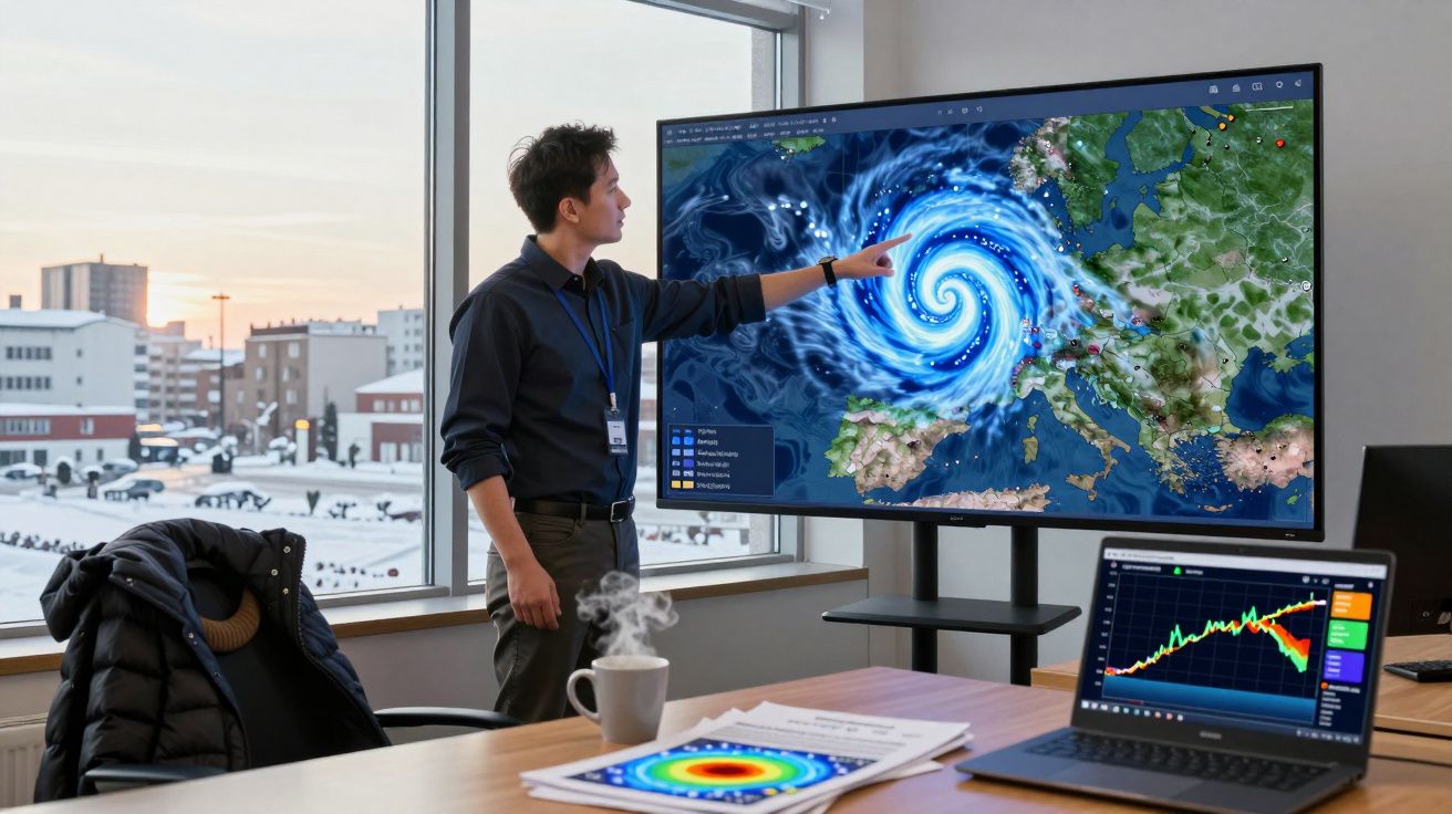Homem aponta para ecrã com mapa de tempestade em escritório com estação meteorológica ao fundo.
