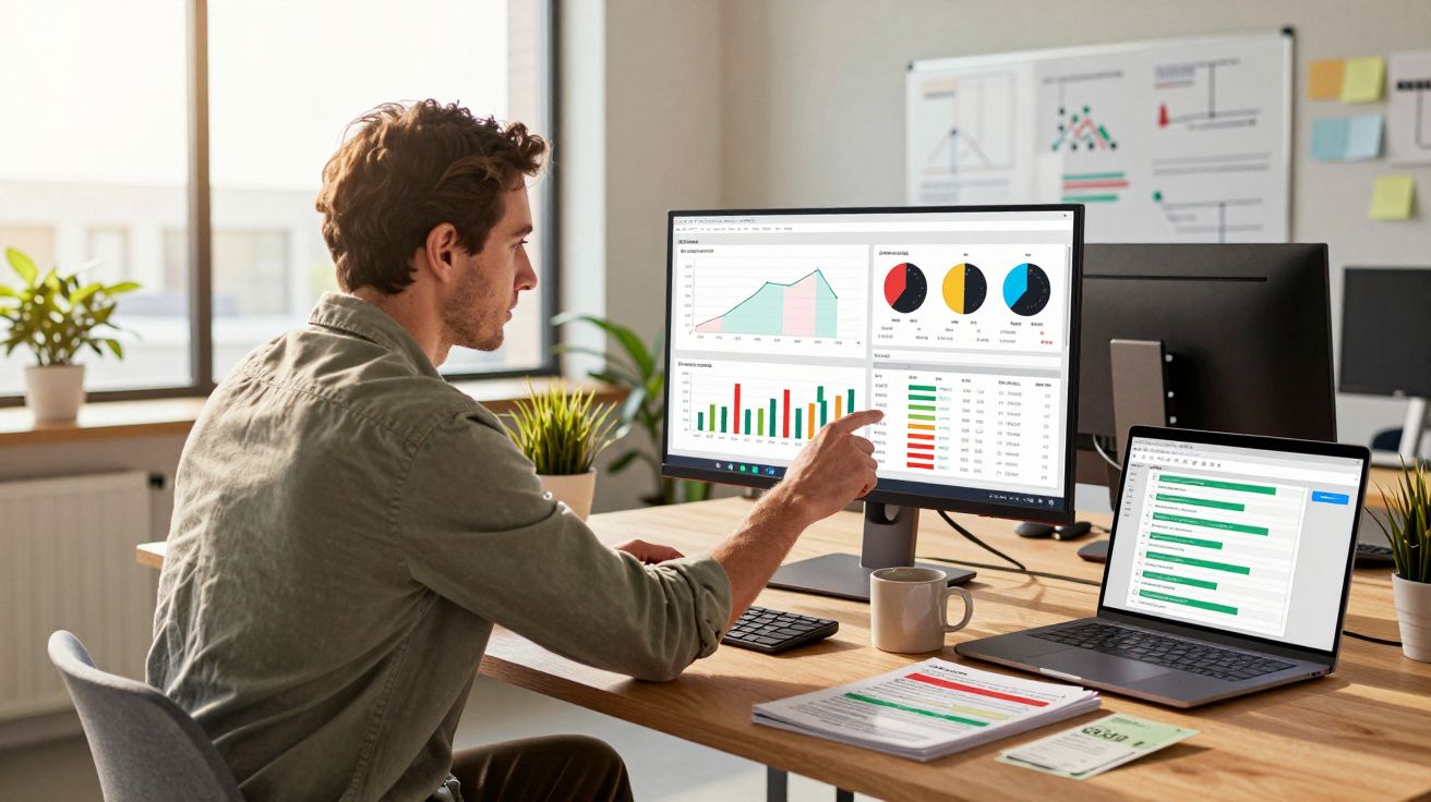 Homem a trabalhar em escritório com gráficos e relatórios visíveis no monitor e portátil.