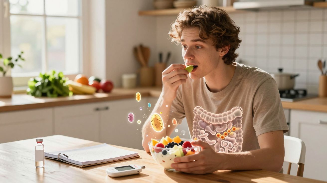 Jovem a comer fruta numa cozinha, com ilustração digital dos intestinos e bactérias.