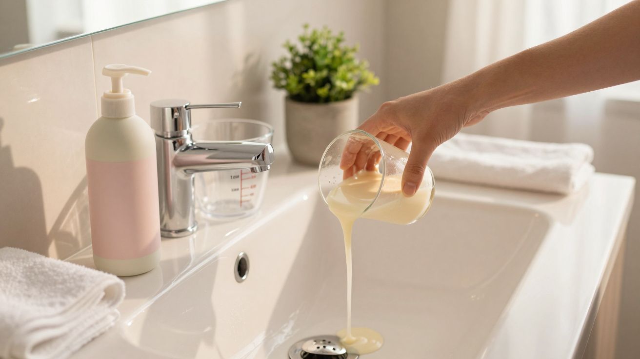 Mão a deitar líquido amarelado no lava-loiças branco, com toalhas, planta e dispensador ao redor.