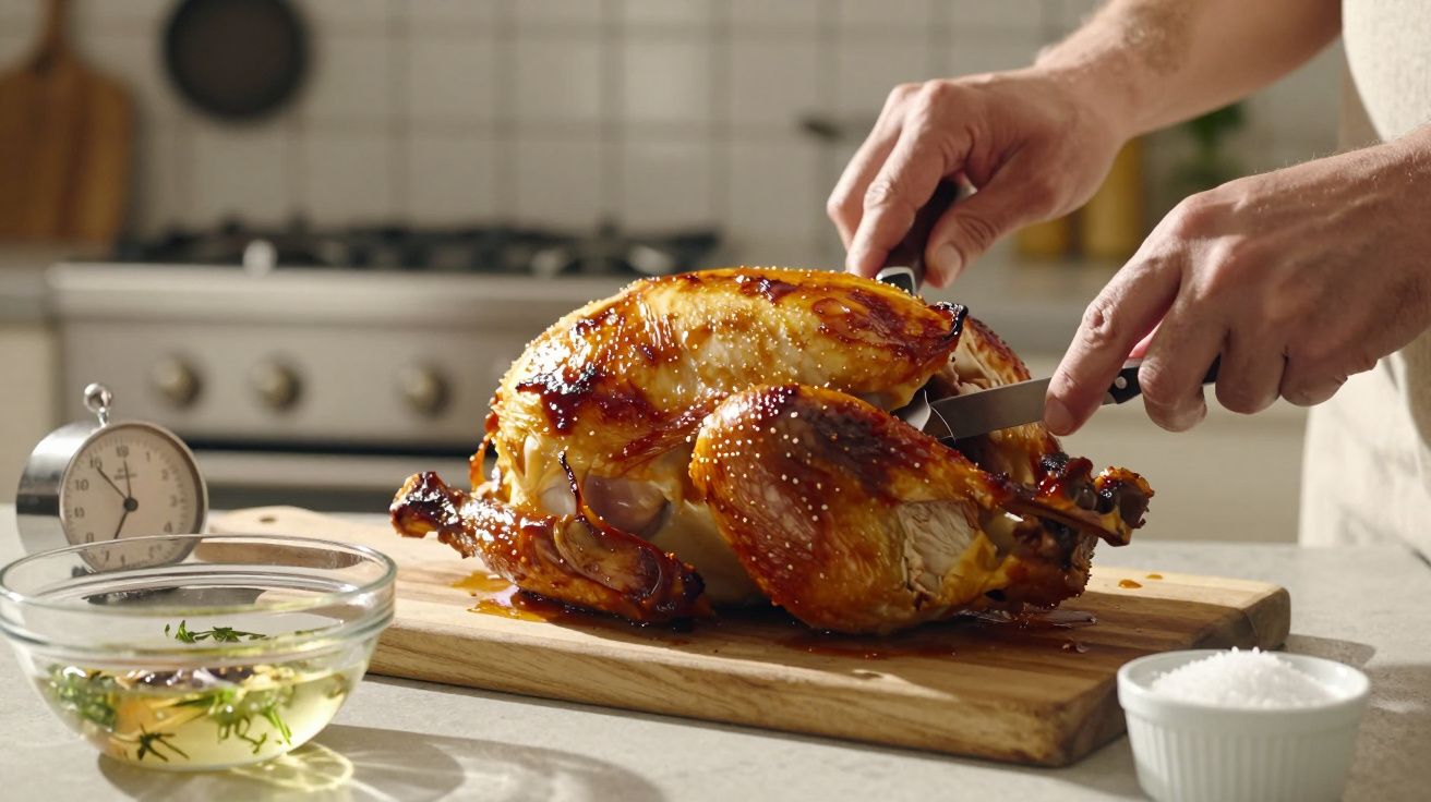 Pessoa a cortar um frango assado dourado numa tábua de madeira na cozinha.