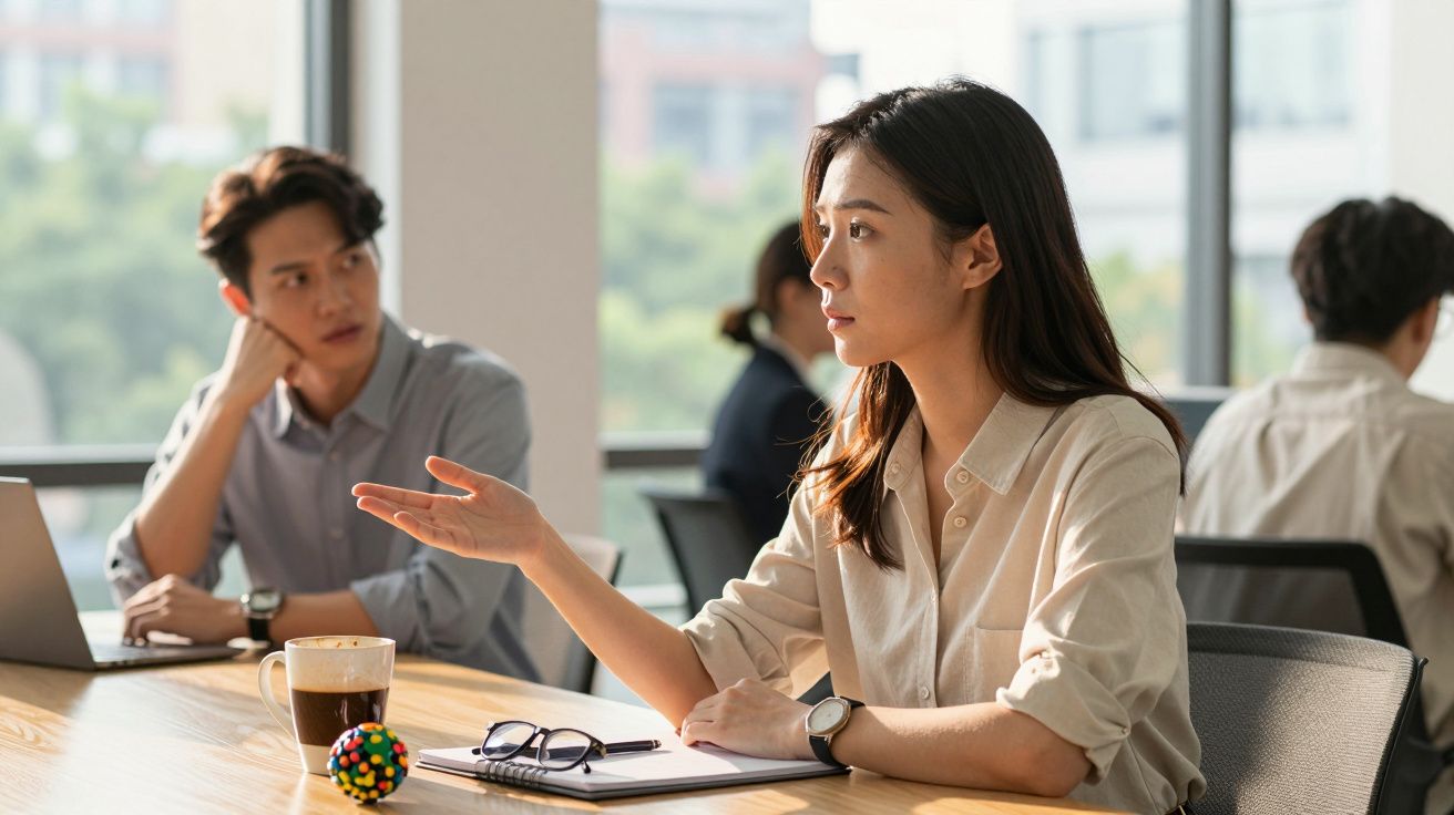 Mulher a falar numa reunião de trabalho com homem escutando atentamente ao fundo, numa sala moderna.