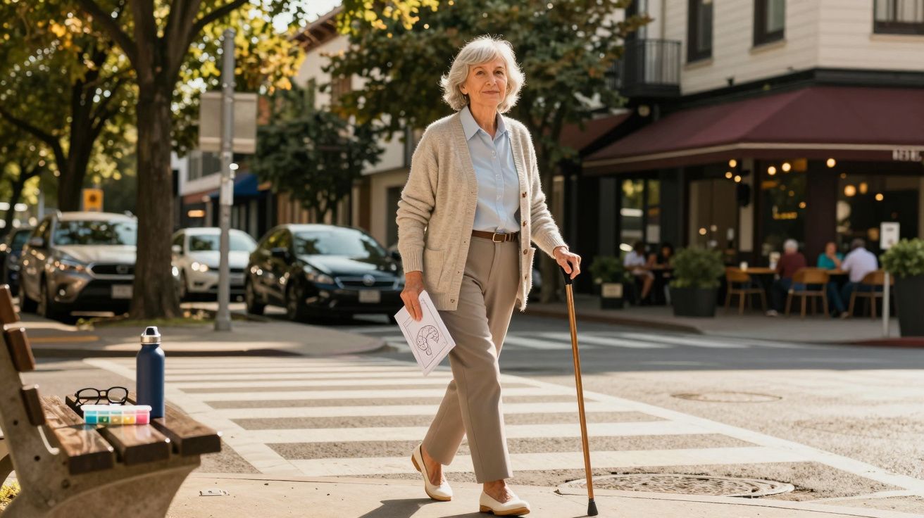 Senhora idosa a atravessar a passadeira com auxílio de uma bengala numa rua urbana com carros e esplanada ao fundo.