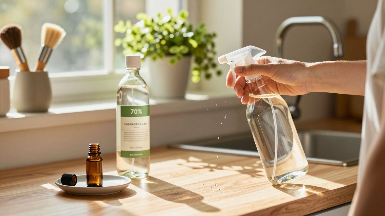 Mão pulverizando líquido numa cozinha, com garrafas e pincéis de maquilhagem na bancada iluminada pela janela.