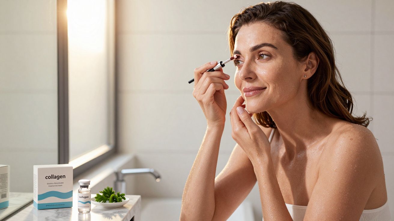 Mulher a aplicar máscara de pestanas no rosto, sentada numa casa de banho moderna iluminada.