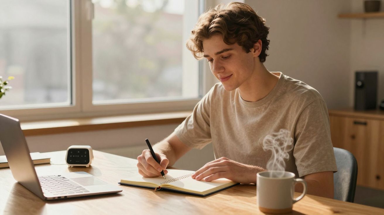 Jovem sentado numa mesa a escrever num caderno com um computador e uma chávena de café quente à sua frente.
