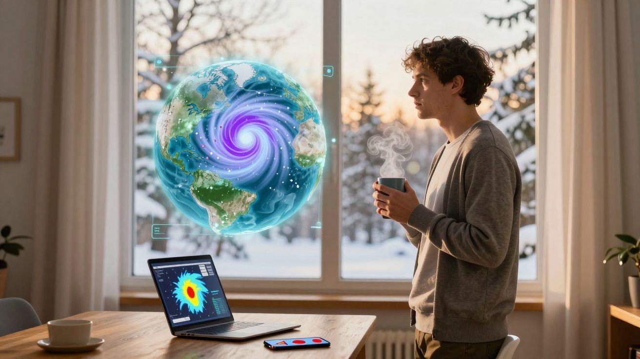 Jovem observa simulação digital de furacão na Terra enquanto segura chá numa sala com neve lá fora.