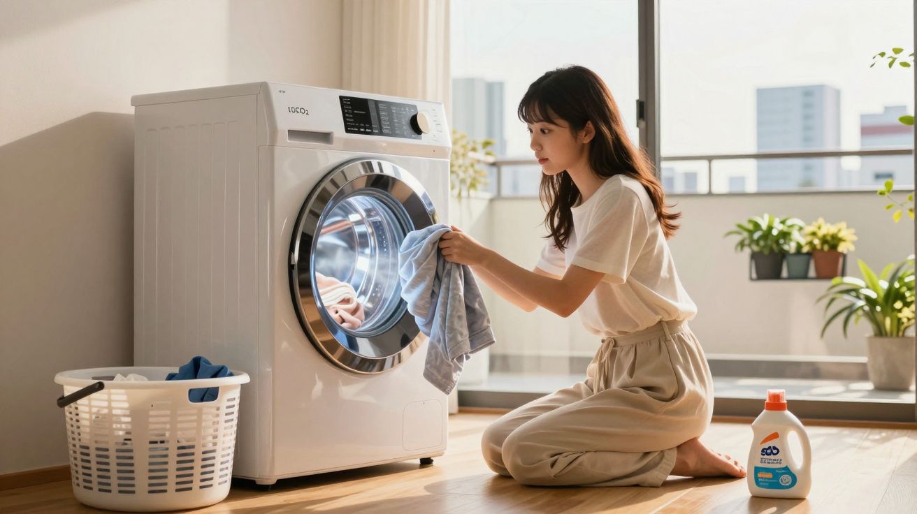 Mulher a colocar roupa na máquina de lavar numa casa com luz natural e plantas junto à janela.