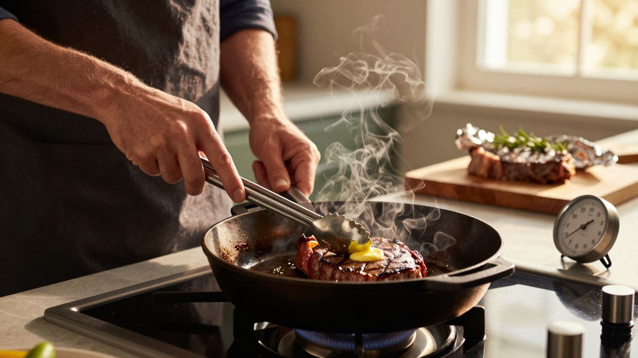 Mãos a cozinhar bife numa frigideira com manteiga a derreter, em fogão a gás numa cozinha iluminada.