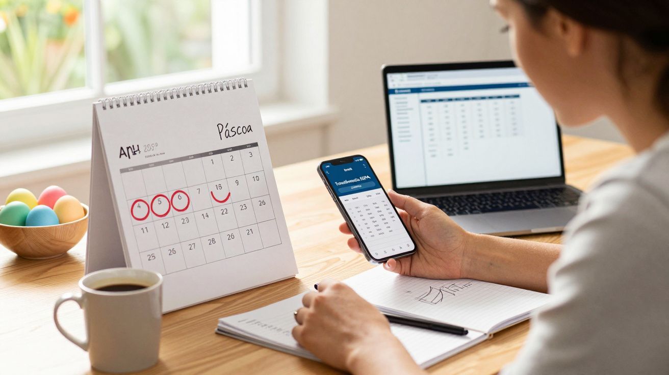 Pessoa a consultar calendário digital no telemóvel com calendário de mesa e computador ao fundo numa mesa de trabalho.