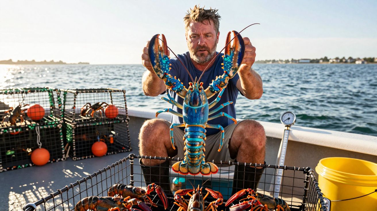Homem no barco segurando uma lagosta azul brilhante, com várias lagostas em gaiolas e o mar ao fundo.