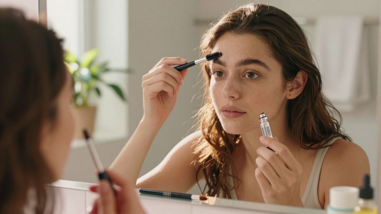Mulher a aplicar máscara de pestañas enquanto se olha ao espelho numa casa de banho iluminada.
