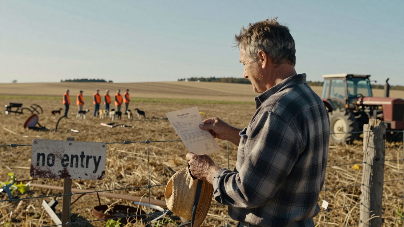 Homem com camisa xadrez e chapéu na mão lê documento junto a campo vedado com placa "no entry".