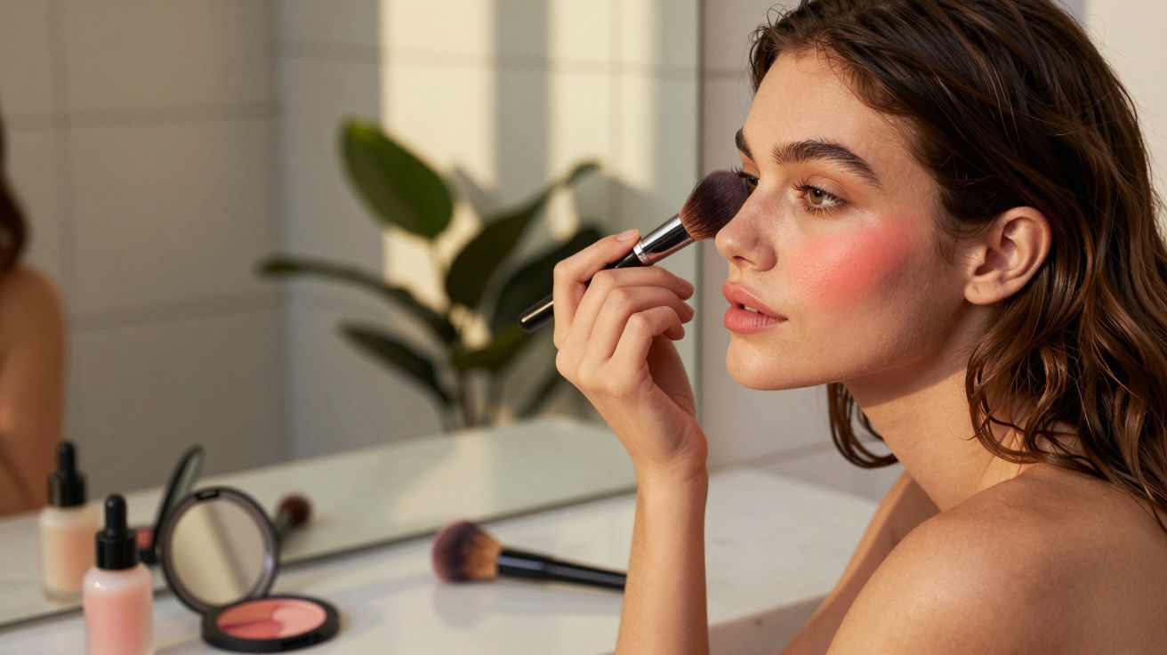 Mulher a aplicar blush com pincel num rosto iluminado, sentada diante de um espelho com produtos de maquilhagem.