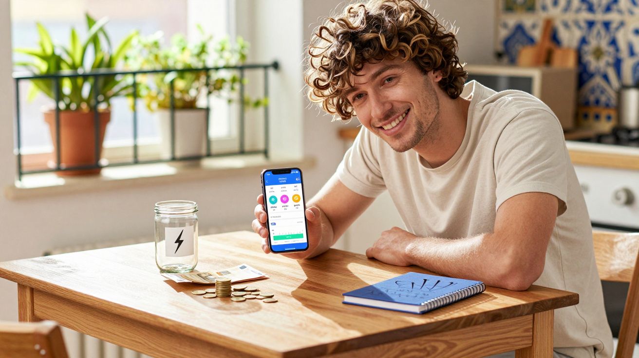 Homem sorridente sentado à mesa com telemóvel a mostrar uma app de finanças, notas, moedas e caderno azul.
